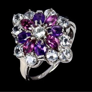 Elegant NWT Genuine Rhodolite, Garnet, and Aquamarine Ring Size 7